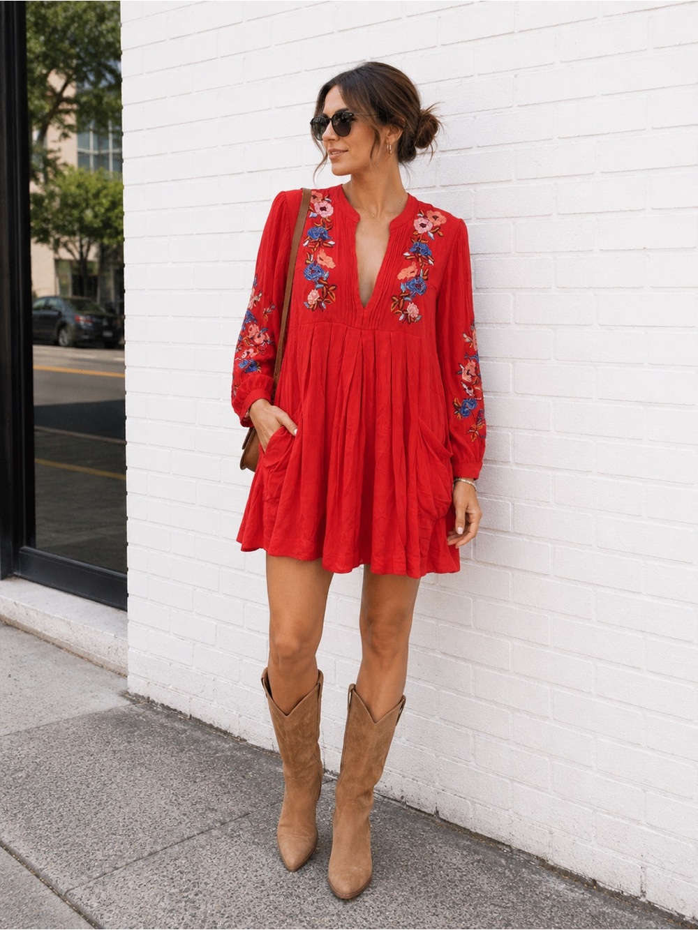 Free People Mia Red Floral‑Embroidered V‑Neck Mini Dress